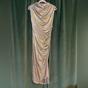 Anthropologie Gold Ruched Foil Dress Small